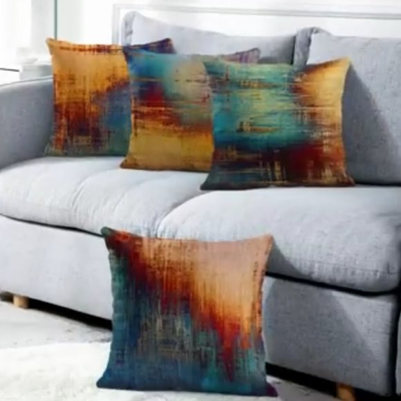 4 Abstract Art Orange Blue Soft Velvet Pillow Covers 18x18 Square Zip New Set #1 - Picture 1 of 10